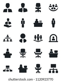Set of vector isolated black icon - reception vector, manager, office chair, place, client, company, desk, hierarchy, estate agent
