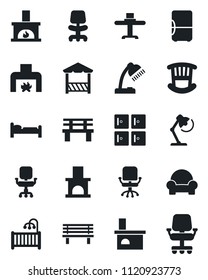 Set of vector isolated black icon - bed vector, checkroom, office chair, bench, fireplace, desk lamp, children room, cushioned furniture, restaurant table, alcove, fridge