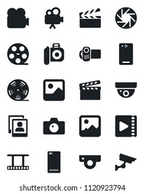 Set of vector isolated black icon - camera vector, clapboard, film frame, reel, video, phone back, mobile, gallery, photo, web, surveillance