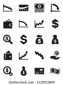 Set of vector isolated black icon - credit card vector, dollar sign, money bag, crisis graph, wallet, growth, search, investment, cash
