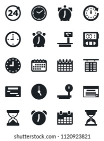 Set of vector isolated black icon - 24 around vector, alarm clock, flight table, calendar, heavy scales, stopwatch, schedule, sand