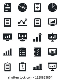 Set of vector isolated black icon - growth statistic vector, monitor, diagnosis, pulse clipboard, statistics, bar graph, pie, checklist, point, presentation