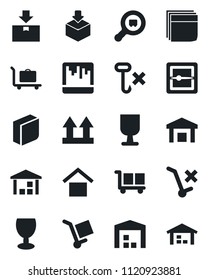 Set of vector isolated black icon - baggage trolley vector, fragile, cargo, warehouse storage, up side sign, no, hook, package, search, scanner, blank box