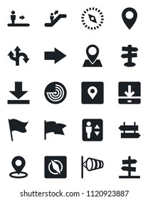 Set of vector isolated black icon - elevator vector, escalator, signpost, right arrow, wind, radar, route, pin, download, place tag, compass, flag, guidepost