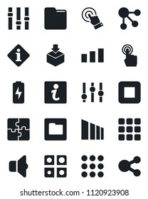Set of vector isolated black icon - package vector, sorting, settings, touch screen, stop button, menu, folder, charge, application, sound, information, social media