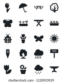 Set of vector isolated black icon - umbrella vector, sun, flower in pot, tree, butterfly, lady bug, seedling, rain, plant label, picnic table, tulip