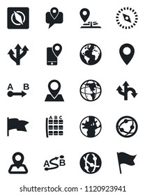 Set of vector isolated black icon - seat map vector, route, navigation, earth, pin, mobile tracking, network, compass, flag
