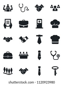 Set of vector isolated black icon - medical room vector, handshake, team, tie, document, stethoscope, meeting, cook hat, case