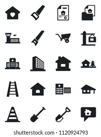 Set of vector isolated black icon - border cone vector, airport building, office, shovel, ladder, wheelbarrow, saw, hospital, house, with garage, tree, estate document, sweet home, crane, message