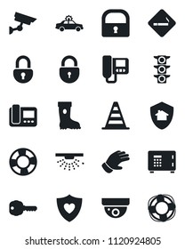 Set of vector isolated black icon - smoking place vector, alarm car, border cone, safe, lock, glove, boot, heart shield, traffic light, key, intercome, home protect, surveillance, sprinkler