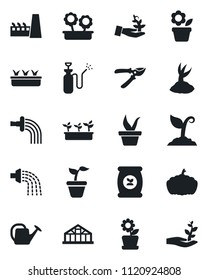 Set of vector isolated black icon - flower in pot vector, seedling, watering can, sproute, pruner, pumpkin, greenhouse, garden sprayer, fertilizer, factory, palm