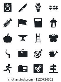 Set of vector isolated black icon - suitcase vector, baggage larry, flower in pot, ladder, watering can, butterfly, sickle, pumpkin, garden light, syringe, run, cut, music, table, drink, knife, flag