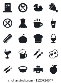 Set of vector isolated black icon - spoon and fork vector, coffee, pumpkin, cook, restaurant table, cafe, hat, cocktail, phyto bar, beer, salad, bacon, egg stand, vip zone, kebab, ham, bowl