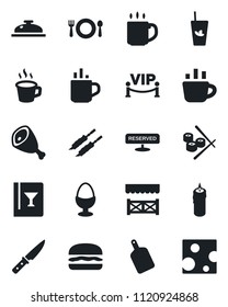 Set of vector isolated black icon - hot cup vector, coffee, cafe, wine card, reserved, reception, phyto bar, egg stand, candle, vip zone, alcove, kebab, ham, hamburger, cutting board, knife, sushi