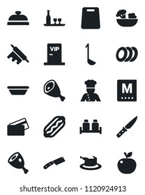 Set of vector isolated black icon - cook vector, alcohol, menu, reception, salad, plates, salt and pepper, vip zone, credit card, chicken, ham, hot dog, ladle, bowl, rolling pin, cutting board