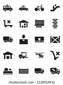 Set of vector isolated black icon - baggage conveyor vector, escalator, alarm car, fork loader, helicopter, ambulance, bike, traffic light, truck trailer, cargo container, delivery, no trolley