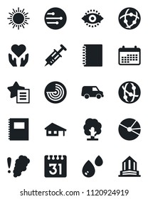 Set of vector isolated black icon - sun vector, radar, tree, syringe, heart hand, network, favorites list, calendar, eye id, copybook, pie graph, house with garage, water, smoke detector, car