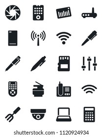 Set of vector isolated black icon - antenna vector, pen, garden fork, barcode, remote control, radio phone, back, mobile camera, tuning, sd, wireless, notebook pc, copier, router, surveillance