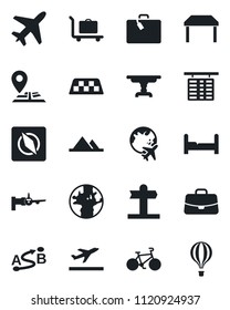 Set of vector isolated black icon - plane vector, taxi, departure, suitcase, baggage trolley, boarding, flight table, globe, case, bike, signpost, navigation, earth, route, compass, mountains
