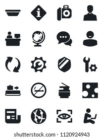 Set of vector isolated black icon - baggage conveyor vector, no smoking, globe, manager place, patient, shield, camera, network, dialog, update, user, root setup, news, copier, bowl, cheese