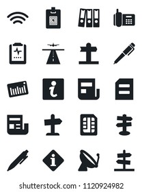 Set of vector isolated black icon - runway vector, satellite antenna, pen, document, pulse clipboard, signpost, office phone, barcode, sim, wireless, news, identity card, paper binder, information
