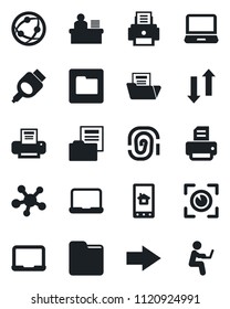 Set of vector isolated black icon - right arrow vector, notebook pc, printer, network, laptop, share, hdmi, folder, data exchange, document, manager desk, home control app, eye scan, fingerprint