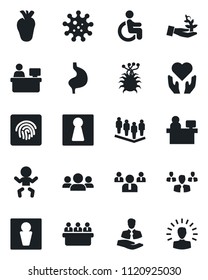 Set of vector isolated black icon - male vector, female, baby, team, meeting, manager place, disabled, heart hand, stomach, real, virus, client, fingerprint id, group, palm sproute, shining head