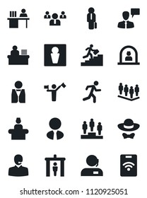 Set of vector isolated black icon - dispatcher vector, security gate, male, reception, speaking man, pedestal, team, run, support, manager desk, career ladder, estate agent, waiter, dress code