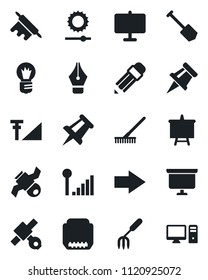 Set of vector isolated black icon - right arrow vector, presentation board, drawing pin, bulb, job, garden fork, rake, satellite, hdmi, brightness, cellular signal, ink pen, pencil, rolling, pc