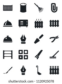 Set of vector isolated black icon - safe vector, trowel, rake, pruner, saw, scalpel, cargo container, oil barrel, rack, application, paper clip, ink pen, heater, dish, ladle, radiator