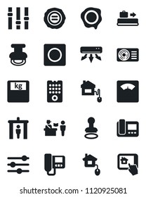 Set of vector isolated black icon - baggage conveyor vector, passport control, security gate, stamp, scales, settings, tuning, record, air conditioner, home, remote, intercome, app
