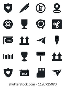Set of vector isolated black icon - no mobile vector, pen, stamp, plant label, heart shield, fragile, up side sign, barcode, sd, cut, place tag, sale, paper plane