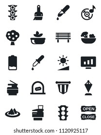 Set of vector isolated black icon - ticket office vector, pennant, statistic monitor, bench, dropper, traffic light, low battery, themes, brightness, music, copier, fruit tree, serviette, salad