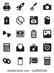 Set of vector isolated black icon - bomb in case vector, camera, printer, garden fork, broken bone, cash, chain, battery, mail, mobile, gallery, photo, rooms, phone, rocket, calculator