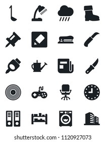 Set of vector isolated black icon - office chair vector, binder, watering can, boot, rain, garden knife, clock, rack, vinyl, news, gamepad, hdmi, notes, drawing pin, desk lamp, stapler, washer