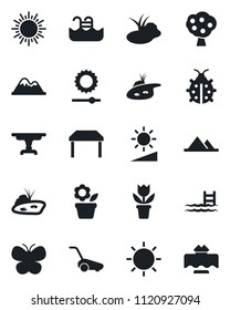 Set of vector isolated black icon - sun vector, flower in pot, lawn mower, butterfly, lady bug, pond, brightness, pool, fruit tree, mountains, table, restaurant