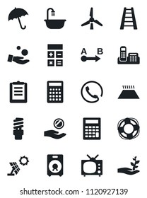 Set of vector isolated black icon - umbrella vector, calculator, ladder, clipboard, route, speaker, office phone, windmill, bathroom, tv, warm floor, energy saving bulb, sun panel, investment