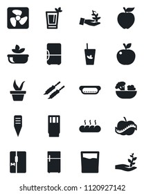 Set of vector isolated black icon - seedling vector, plant label, diet, fridge, drink, phyto bar, salad, bread, kebab, hot dog, apple fruit, fan, palm sproute