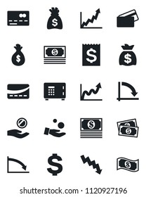 Set of vector isolated black icon - credit card vector, safe, dollar sign, money bag, crisis graph, cash, receipt, growth, investment