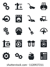 Set of vector isolated black icon - washer vector, fork loader, gear, ripper, lawn mower, tomography, printer, copier, crane, water filter, combination lock