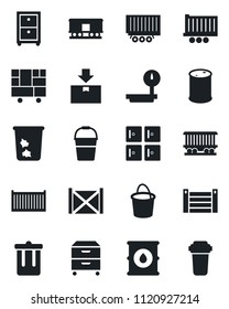 Set of vector isolated black icon - trash bin vector, checkroom, bucket, railroad, truck trailer, cargo container, consolidated, package, oil barrel, heavy scales, archive box, water filter