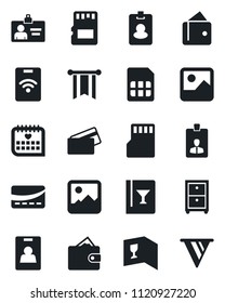 Set of vector isolated black icon - identity card vector, medical calendar, gallery, sd, sim, archive box, wine, credit, pass, wallet, pennon