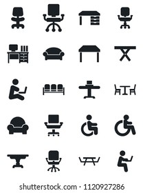 Set of vector isolated black icon - cafe vector, waiting area, disabled, office chair, desk, picnic table, cushioned furniture, restaurant, man with notebook