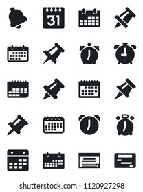 Set of vector isolated black icon - alarm clock vector, drawing pin, calendar, term, paper, bell, schedule