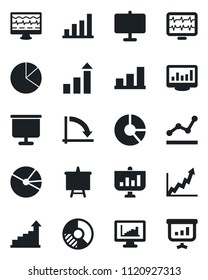 Set of vector isolated black icon - growth statistic vector, presentation board, crisis graph, circle chart, monitor pulse, statistics, bar, pie, point