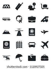 Set of vector isolated black icon - runway vector, taxi, suitcase, baggage trolley, airport bus, umbrella, passport, ladder car, helicopter, seat map, luggage scales, plane globe, mountains, case