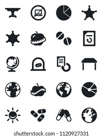 Set of vector isolated black icon - no laptop vector, ticket office, globe, document reload, pills, diet, earth, pie graph, table, police, alarm led