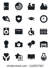 Set of vector isolated black icon - camera vector, radar, book, graduate, manager place, bulb, fence, heart diagnostic, shield, disabled, hand, clock, microphone, speaker, favorites list, desk, mail