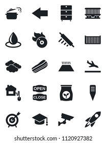 Set of vector isolated black icon - arrival vector, left arrow, clouds, graduate, water drop, plant label, fertilizer, railroad, cargo container, archive chest, flame disk, bacon, open close, target