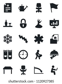 Set of vector isolated black icon - office chair vector, book, crisis graph, watering can, sproute, diagnosis, ambulance star, lock, clock, manager, estate document, table, alcohol, waiter, flag